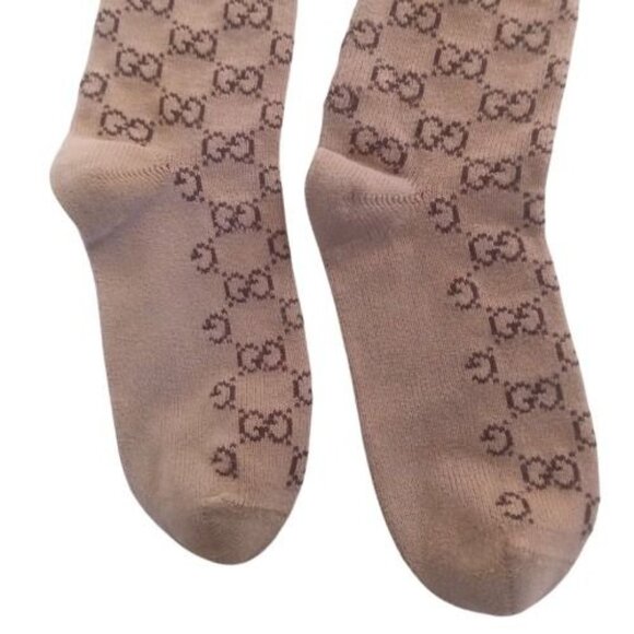 GUCCI | Web Stripe Camel Brown GG Logo Jacquard Knit Calf Socks Unisex Pre-Owned - Picture 6 of 12